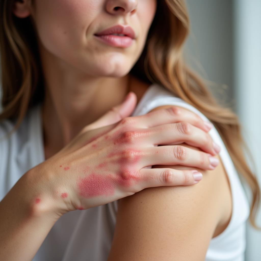 Woman scratching itchy skin, common symptom of eczema