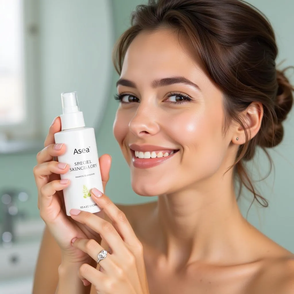 Woman using an asea spray bottle on her face and hands.