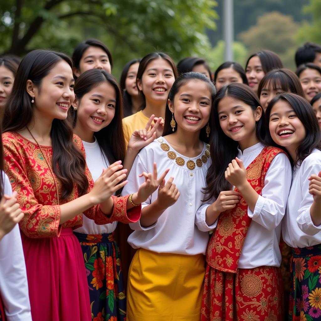 Students participating in a vibrant cultural exchange event, showcasing traditional attire, music, and dance forms from their respective countries.