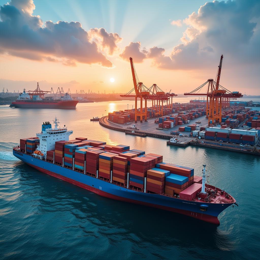 Container Ship at a Busy Port