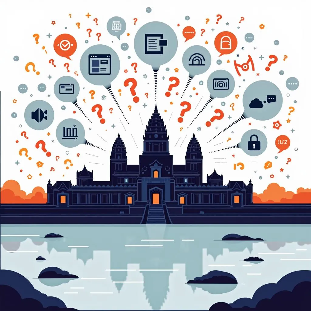 Digital illustration of Angkor Wat surrounded by question marks and internet symbols