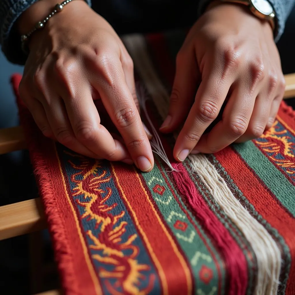 Skilled artisan weaving intricate patterns on a traditional loom.