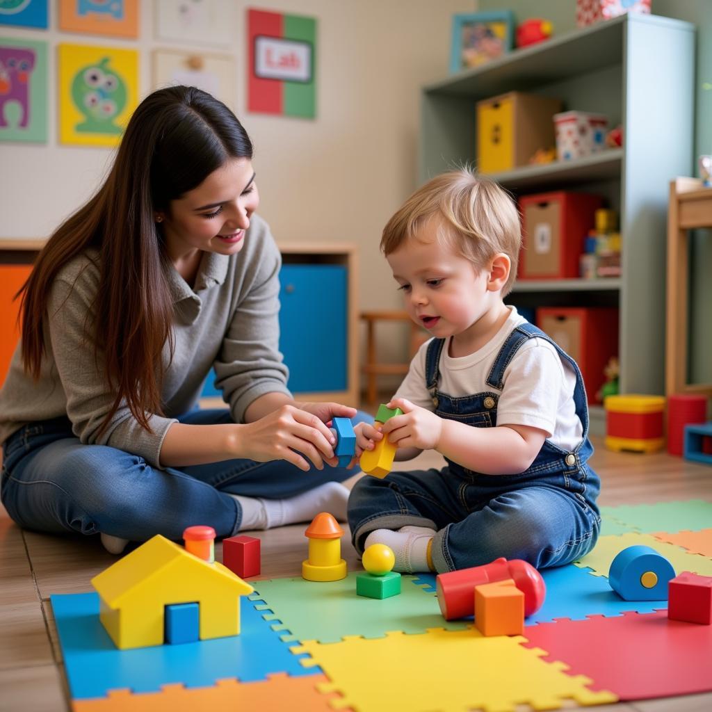 A therapist using play therapy with an ASD child in ASEAN