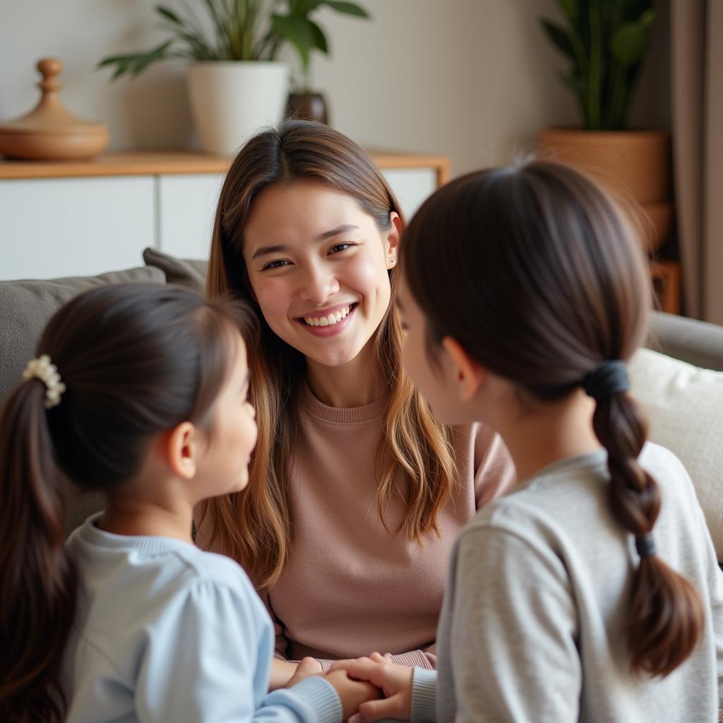 An ASEAN Au Pair Smiling with a European Family in Their Living Room