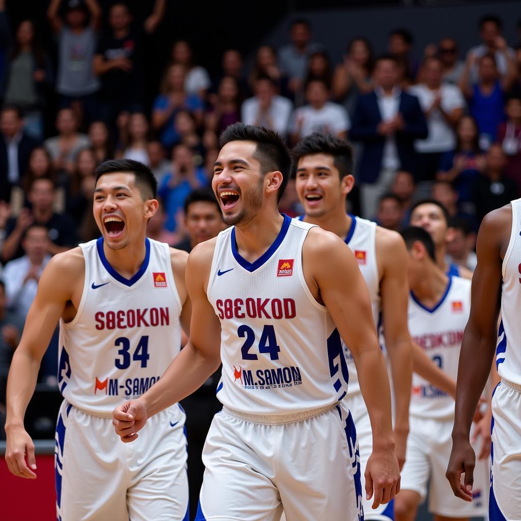 ASEAN Basketball League players celebrate a victory.