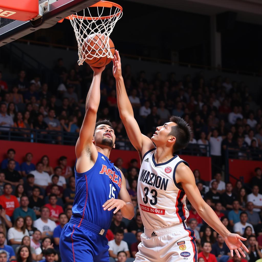 ASEAN Basketball League players execute a powerful dunk during a game.