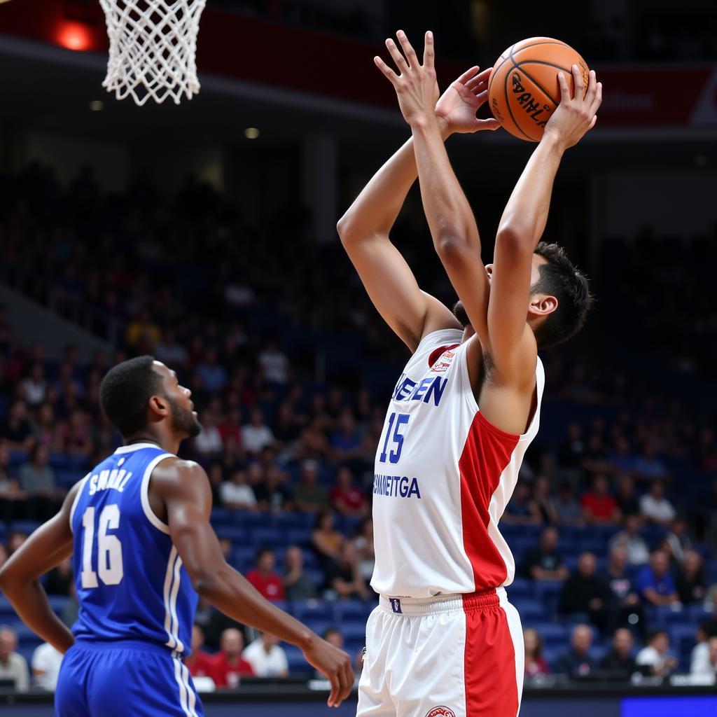 ASEAN Basketball League player shoots a three-pointer.