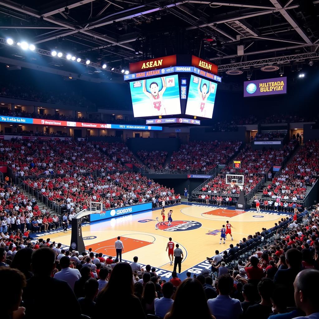 Fans cheering at a packed ASEAN basketball game