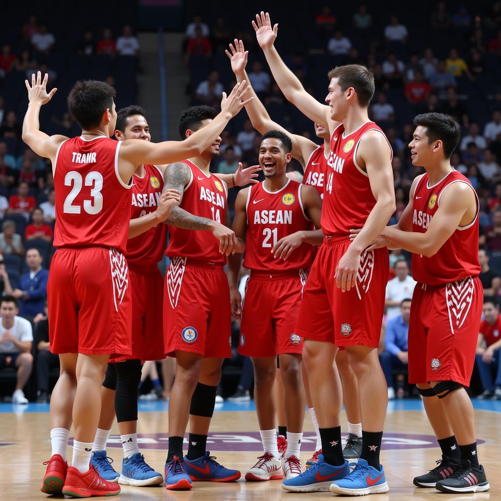 A team celebrating a victory in an ASEAN basketball game