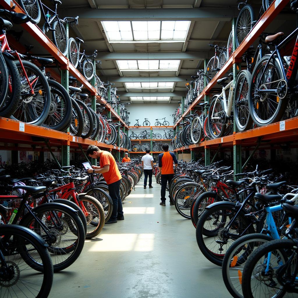 A bustling ASEAN bicycle warehouse interior