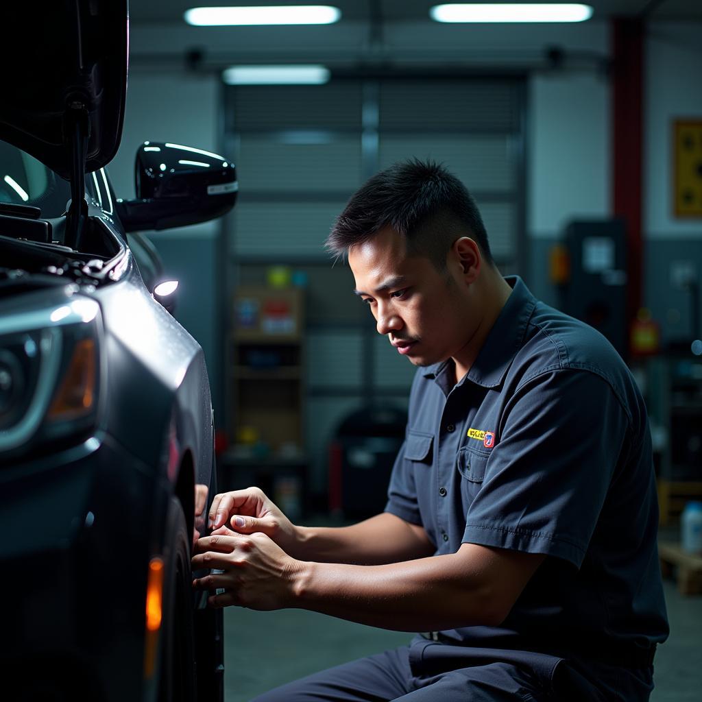 Mechanic checking brake fluid in Southeast Asia