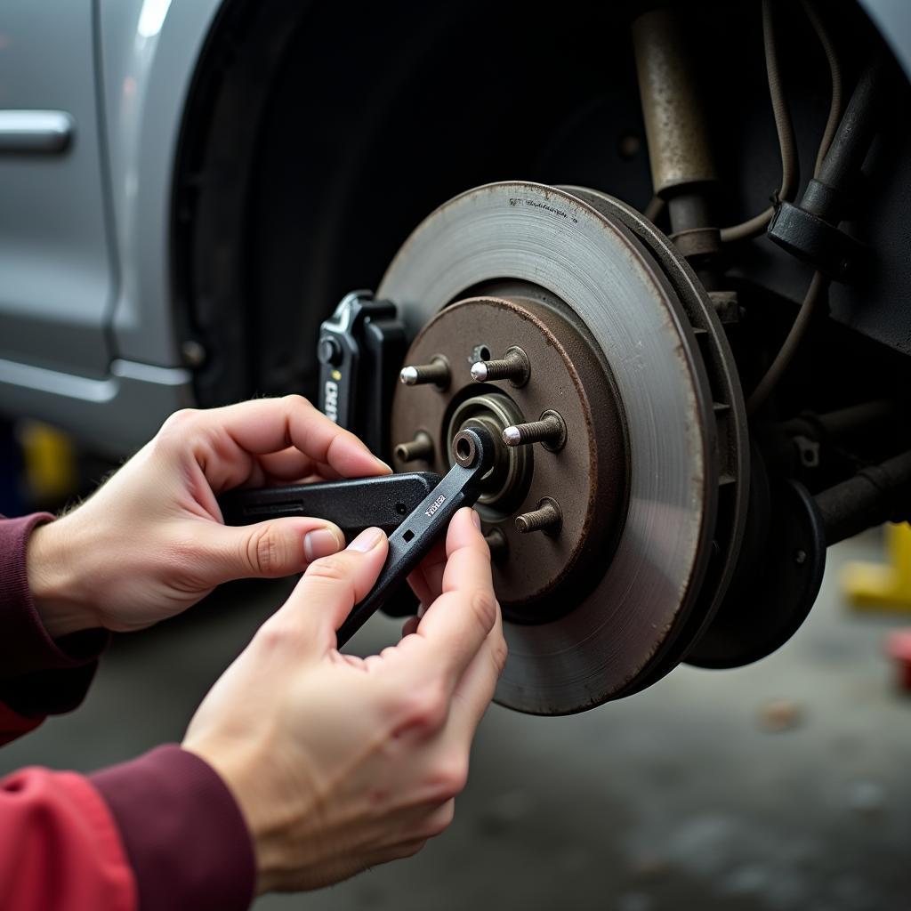 Mechanic inspecting brake pads in Southeast Asia