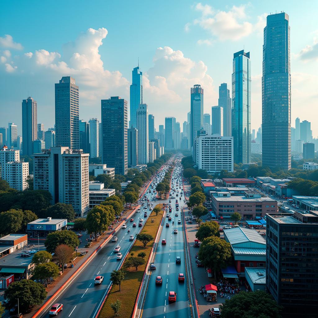 Thriving ASEAN business landscape with skyscrapers and bustling markets