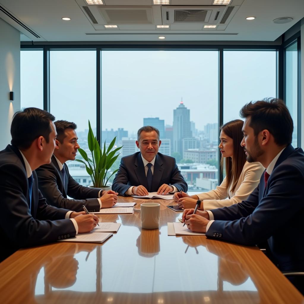 Diverse group of professionals collaborating in a modern office