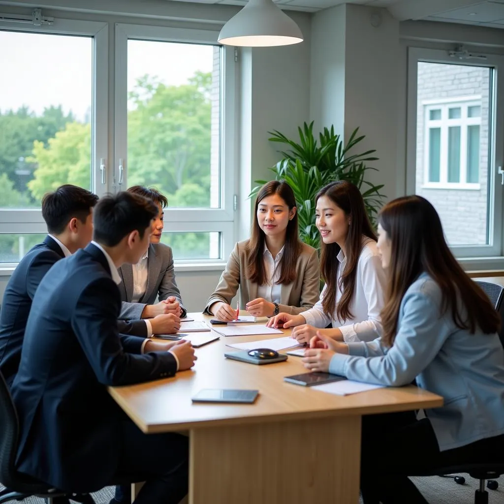 A diverse group of ASEAN business professionals engaged in a meeting, discussing growth strategies