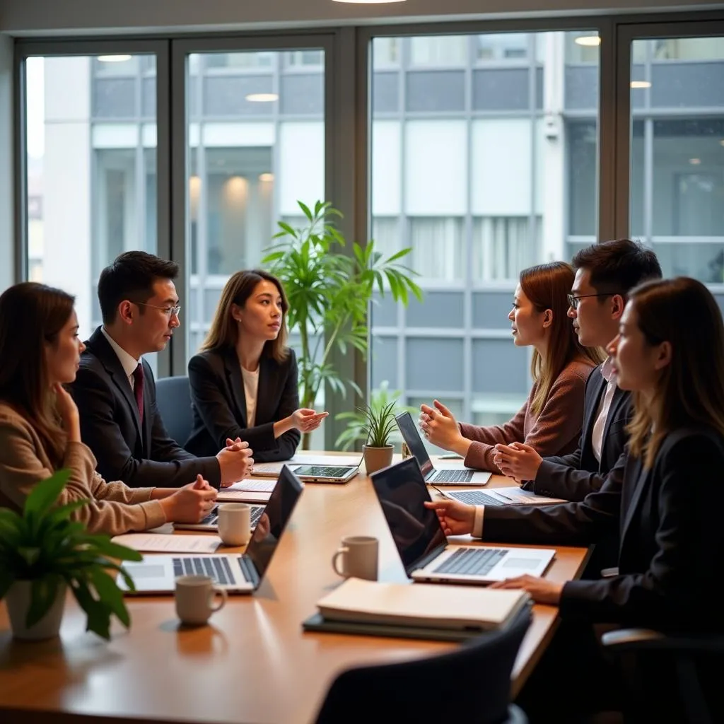 Group of diverse business professionals collaborating in a modern office setting