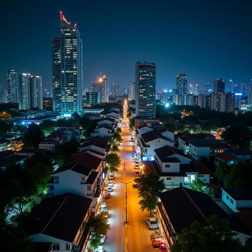 Modern cityscape illuminated at night in Southeast Asia