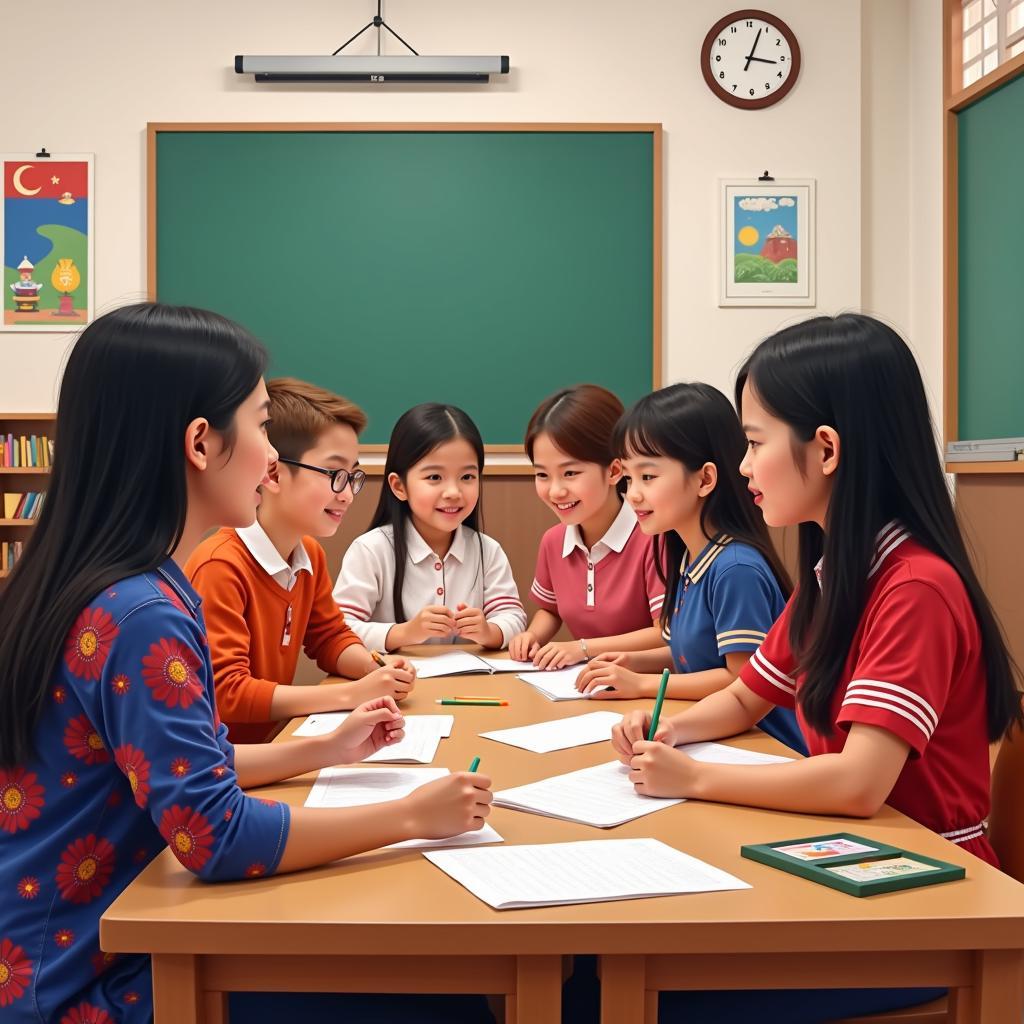 Students from diverse backgrounds interacting in a classroom