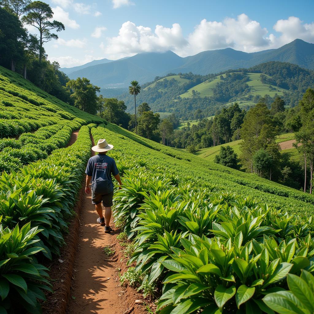 Farmers harvesting coffee beans in Southeast Asia