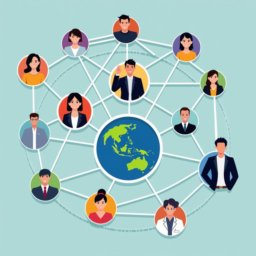 Diverse group of people representing the ASEAN community connected by a network of lines