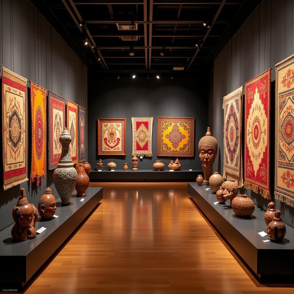 A vibrant display of ASEAN cultural artifacts in a Brazilian museum, showcasing textiles, crafts, and traditional art.