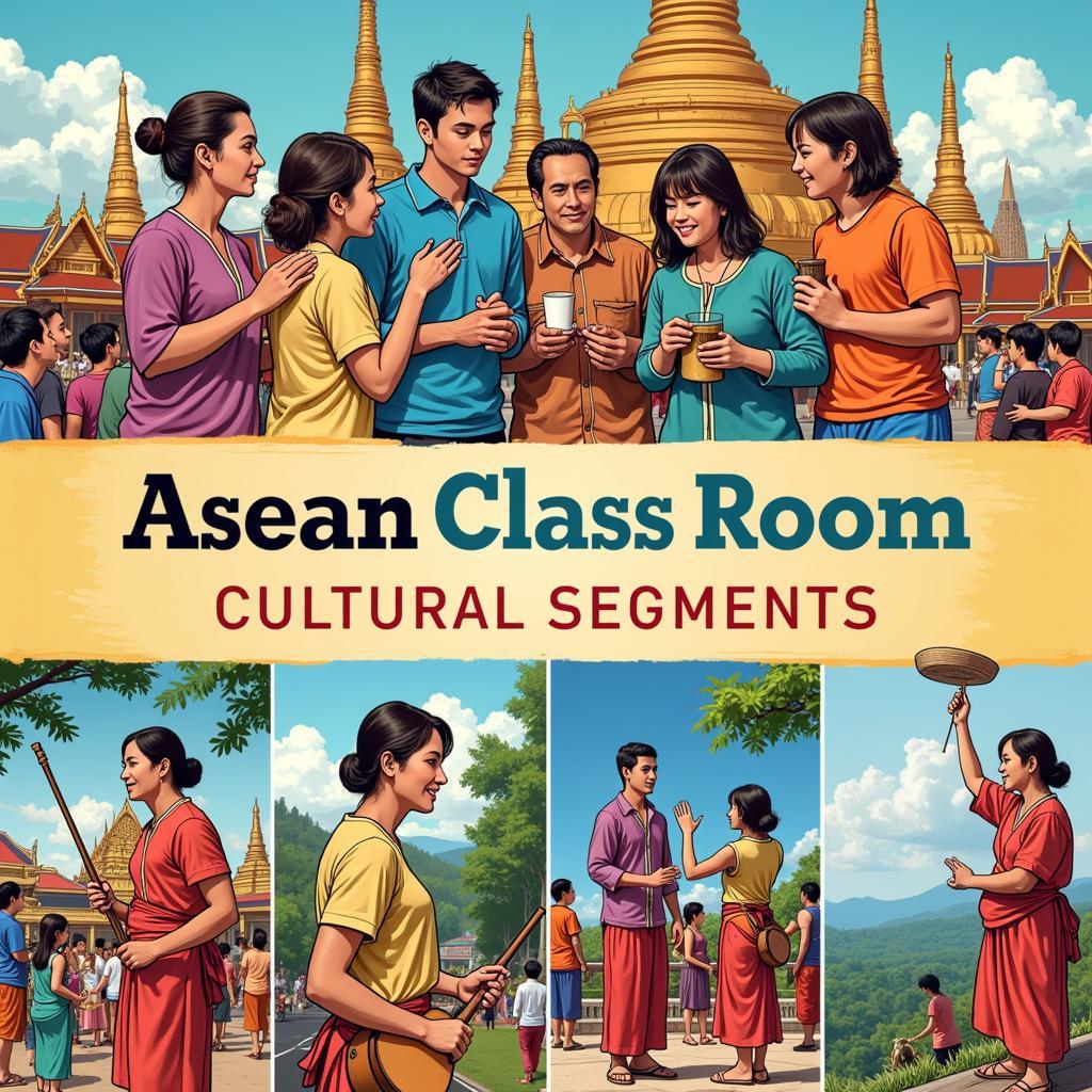 Individuals listening to Asean Class Room MP3 cultural segments, showcasing scenes from Southeast Asian festivals, landmarks, and daily life.