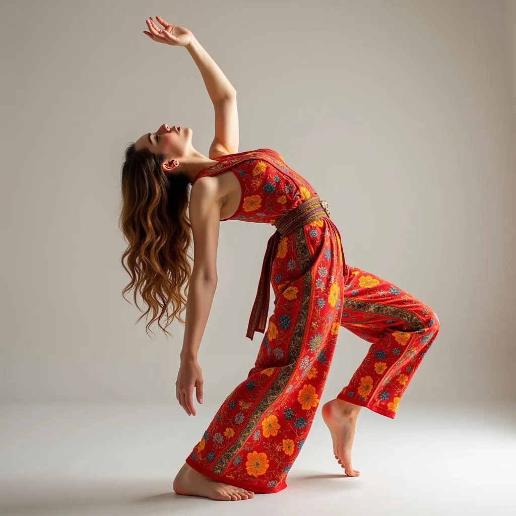 Woman in traditional dress performing a graceful back bend with wide Ase