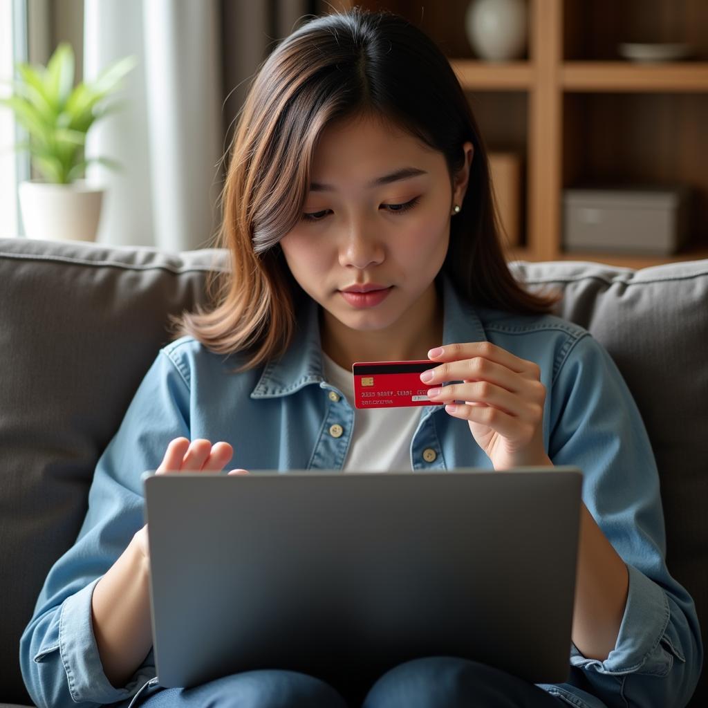 Woman holding an Asean debit card while shopping online