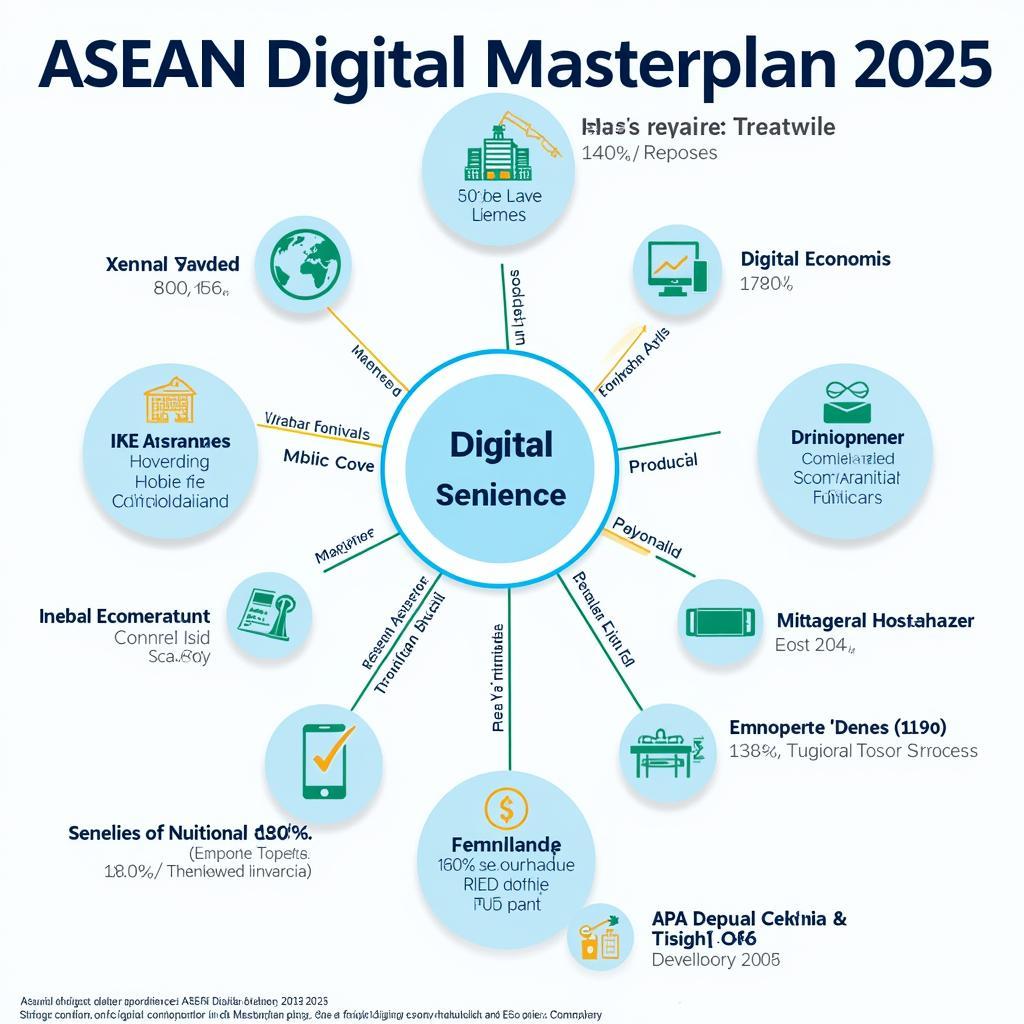 ASEAN Digital Masterplan 2025 - An infographic visualizing the key goals and initiatives of the ASEAN Digital Masterplan 2025, focusing on regional digital cooperation and infrastructure development.