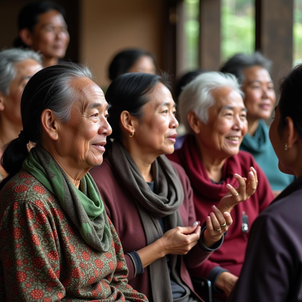 Elderly individuals from different ASEAN countries sharing stories and traditions