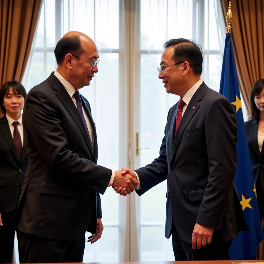 ASEAN and EU representatives shaking hands during the meeting.