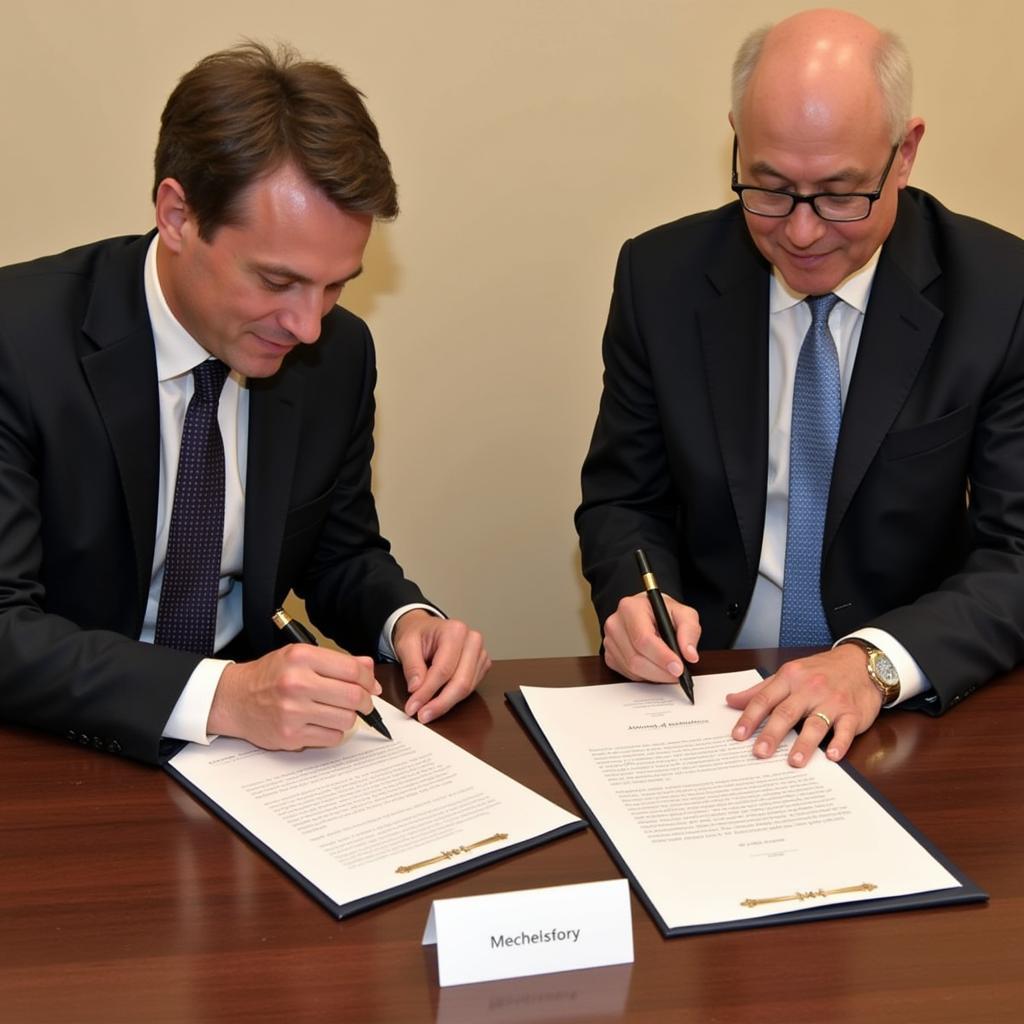 Representatives signing a joint statement at the conclusion of the ASEAN-EU Ministerial Meeting.