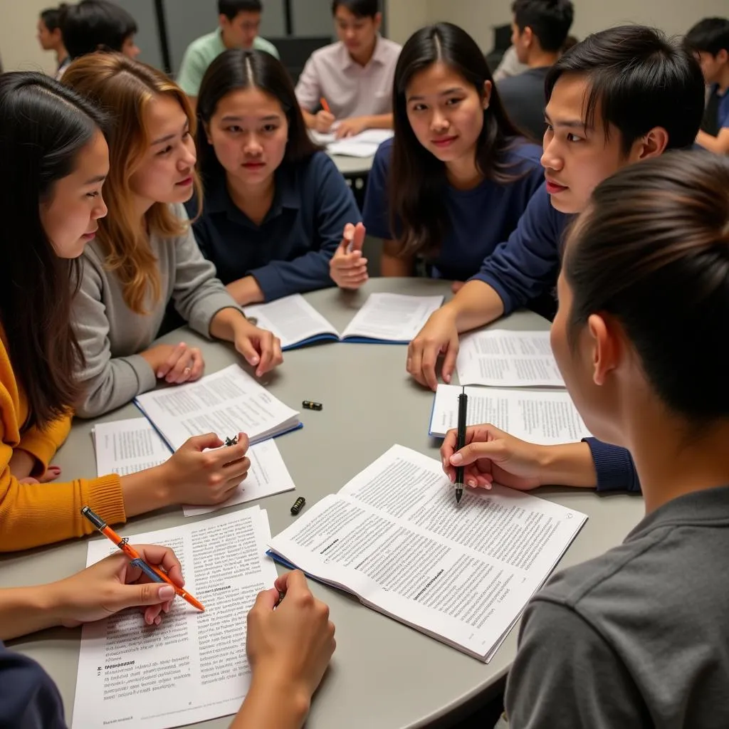 A group of students studying together for the ASEAN exams, using the study guide