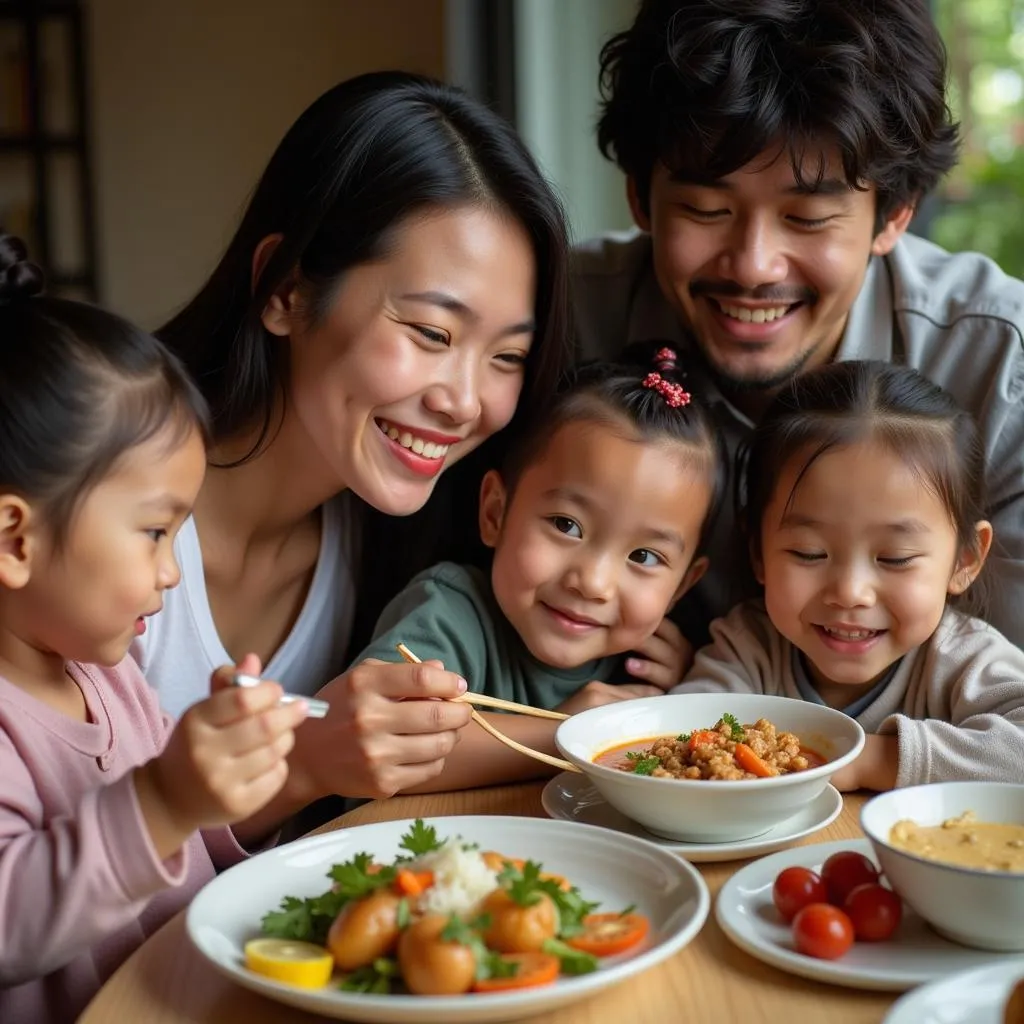 A Southeast Asian family enjoying a meal together representing quality of life factors