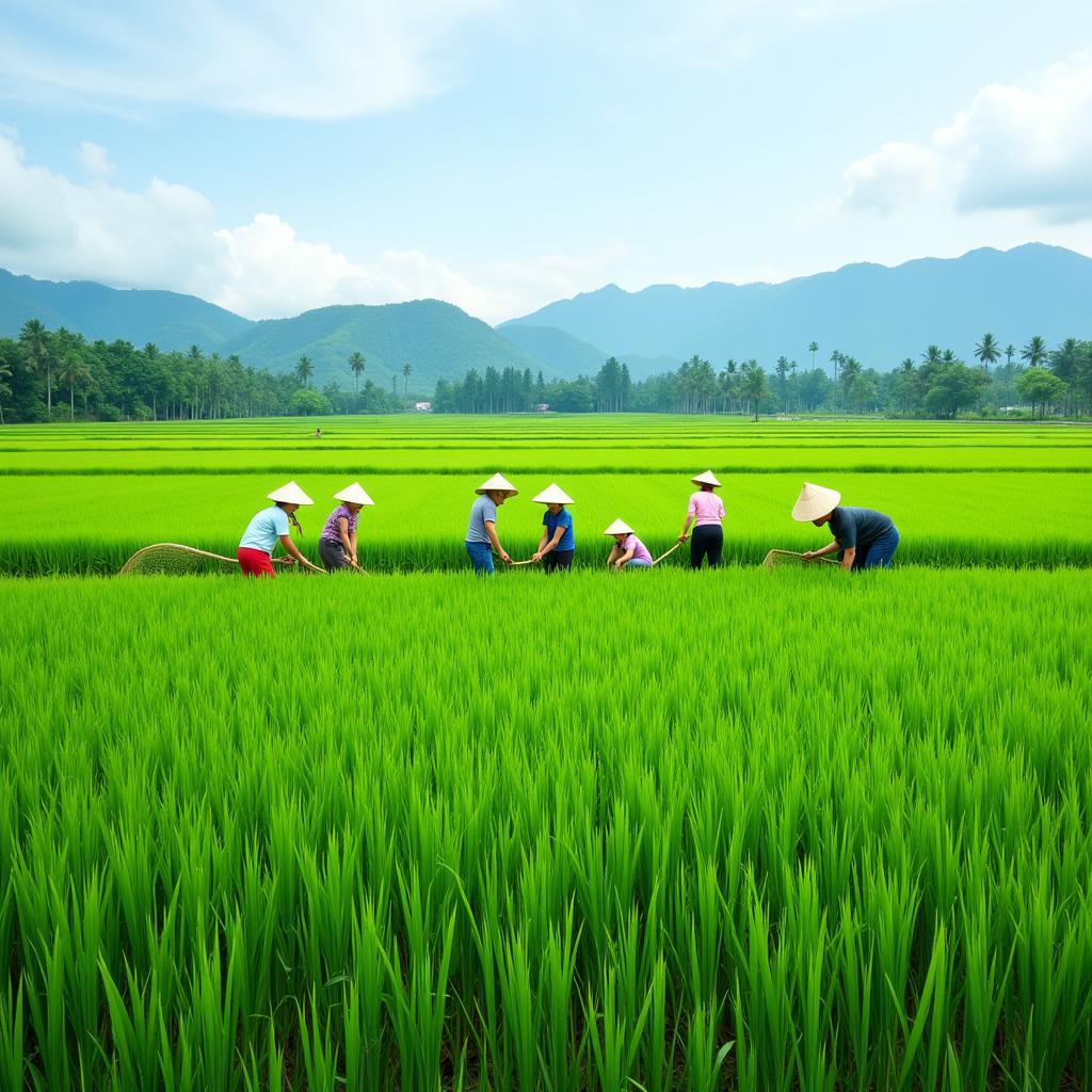 Farmers tending to rice paddies in Southeast Asia