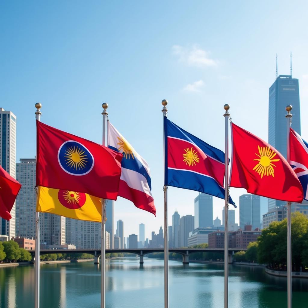 ASEAN flags waving against the backdrop of the Detroit skyline