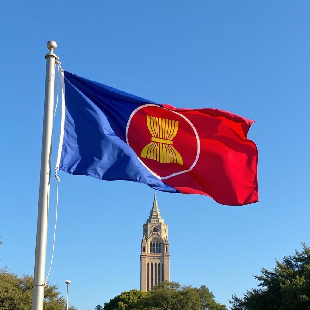 ASEAN Flag waving against the backdrop of the UT Tower