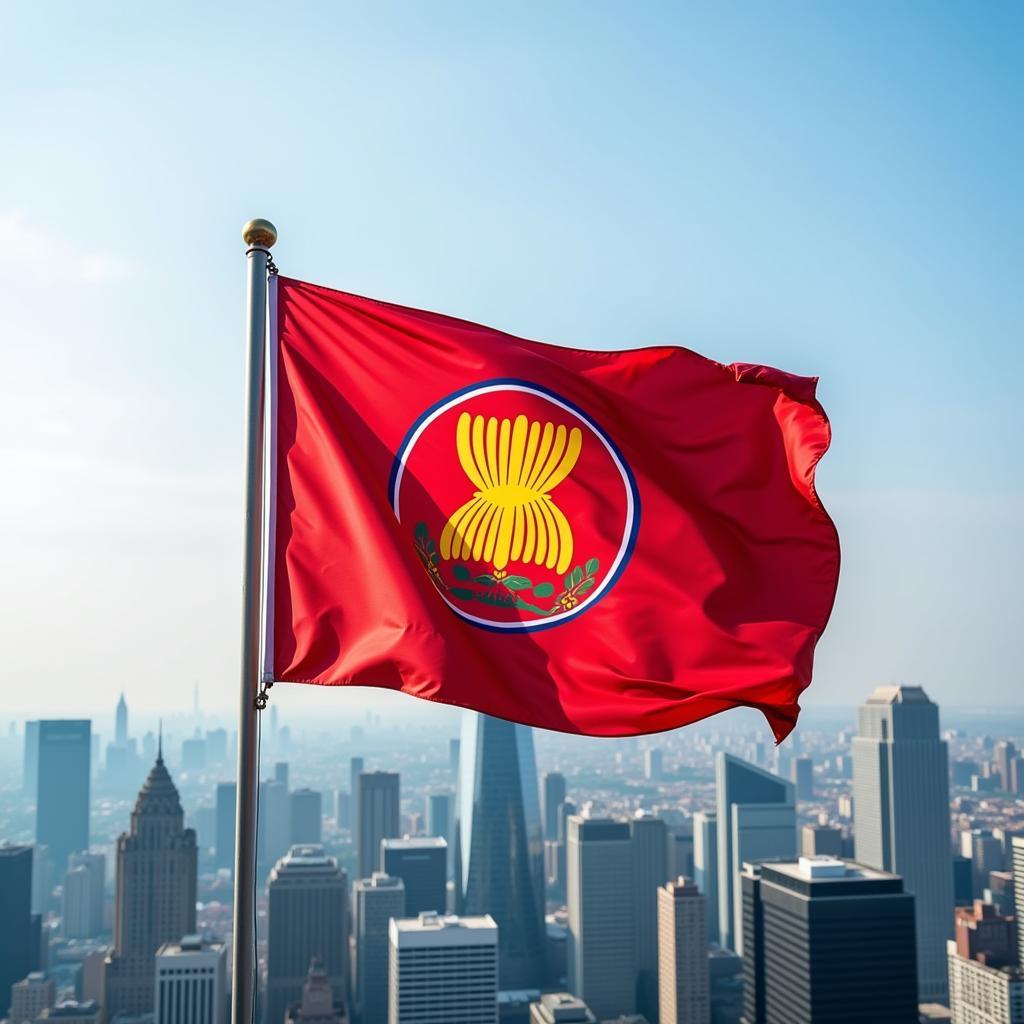 The ASEAN flag waving proudly against a backdrop of a vibrant cityscape