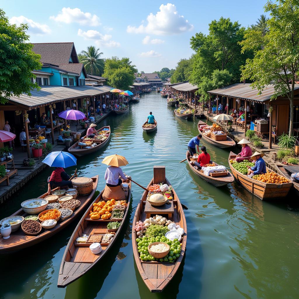 Bustling Floating Market in Southeast Asia