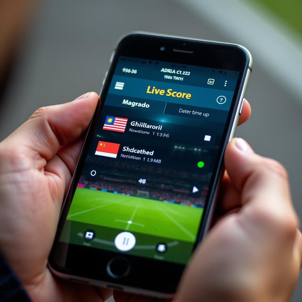 Mobile phone displaying live scores of an ASEAN football match