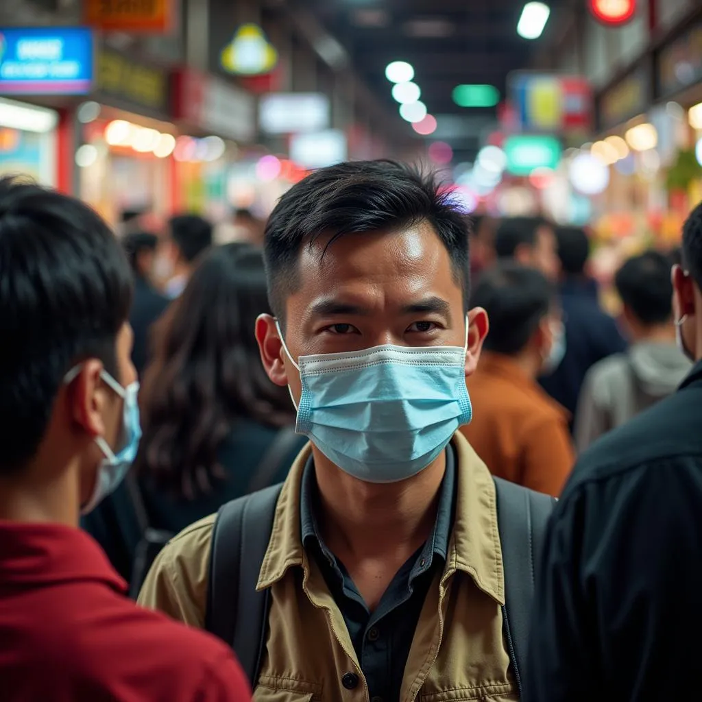 Asean Frio Meme: A Man Wearing a Mask in a Crowded Market