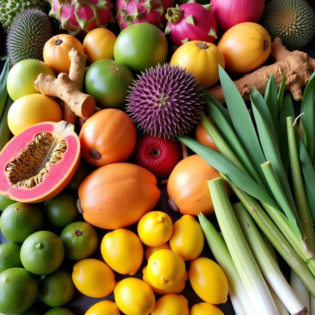 A colorful assortment of fresh fruits and vegetables from Southeast Asia