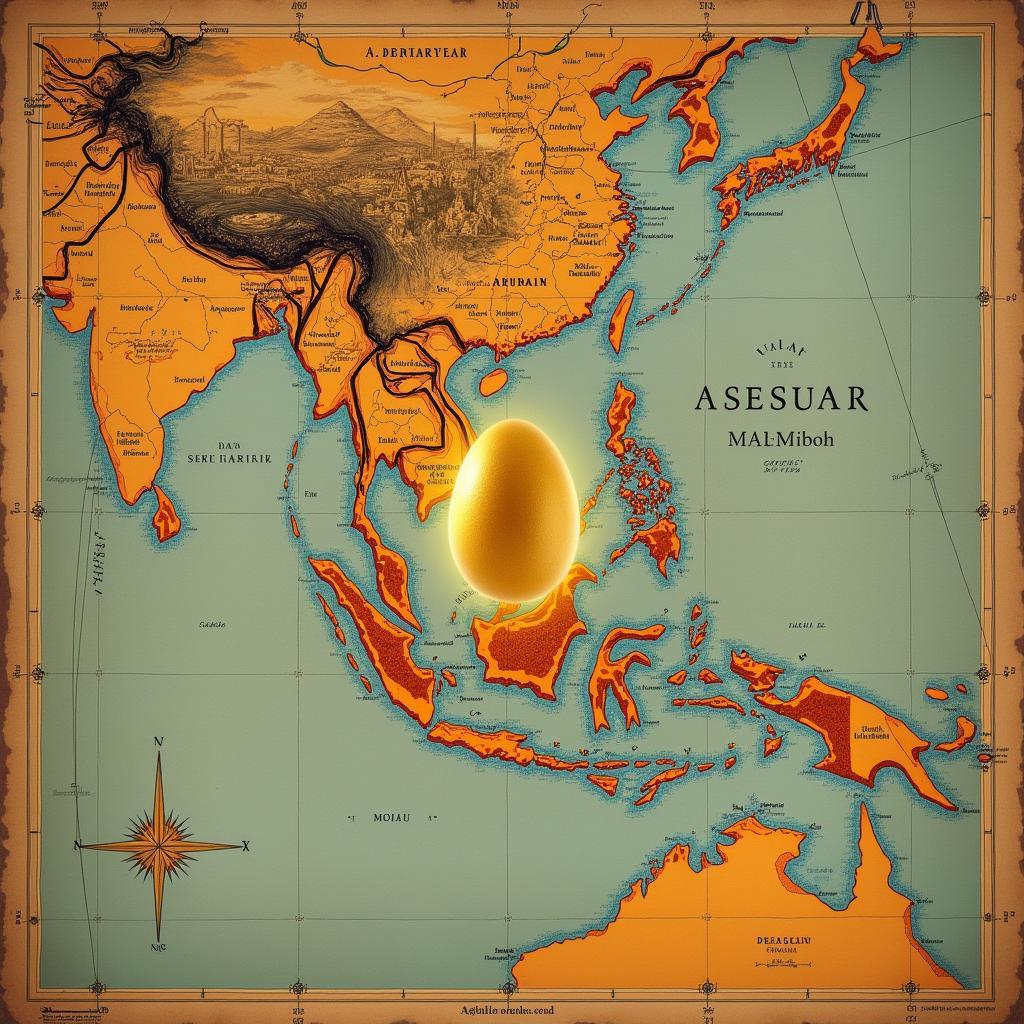 Ancient Map of Southeast Asia with Golden Egg Illustration