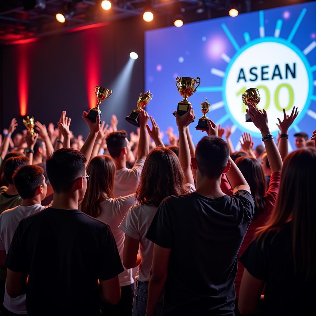 Winners celebrating on stage at the ASEAN 100 Hackathon