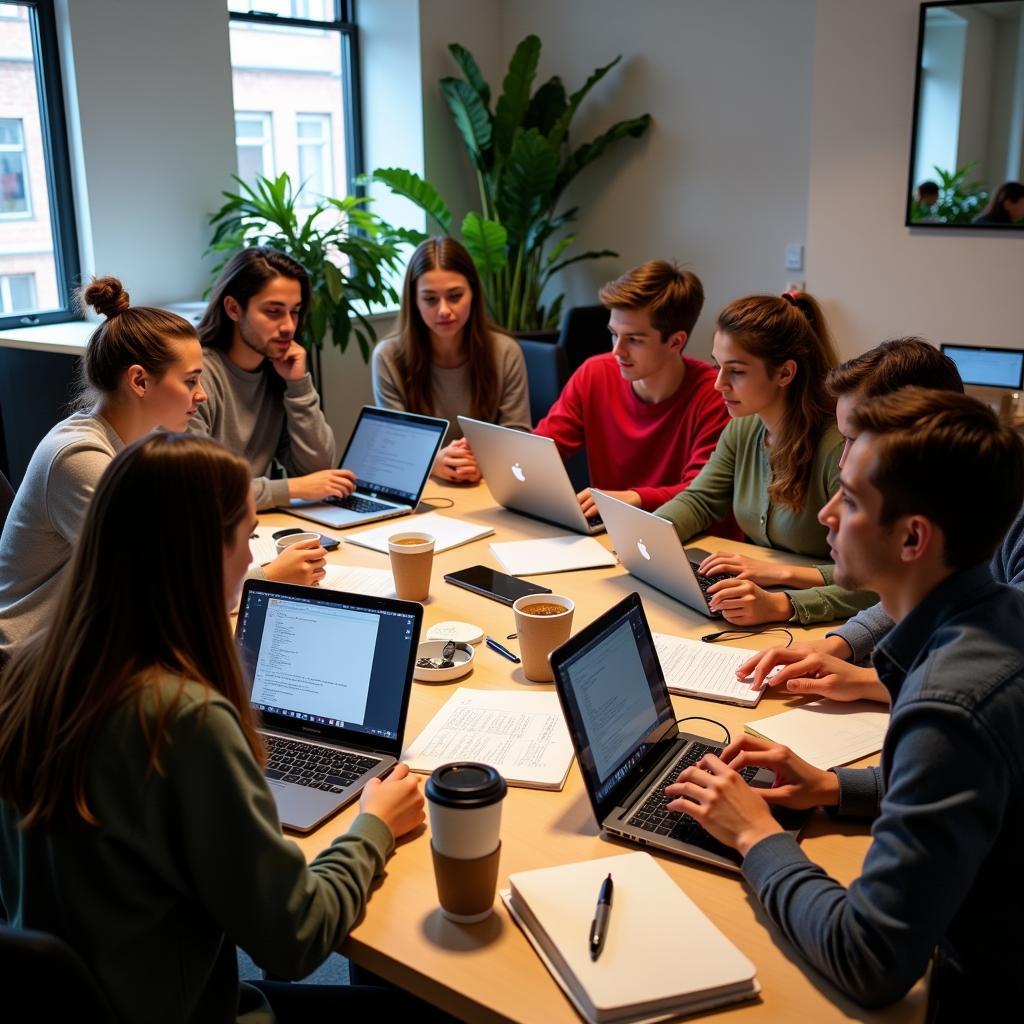 A group of young ASEAN hakkors collaborating on a tech project