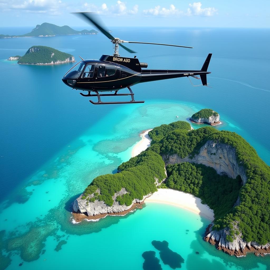 Aerial view of helicopter flying over pristine turquoise waters and tropical islands in Southeast Asia