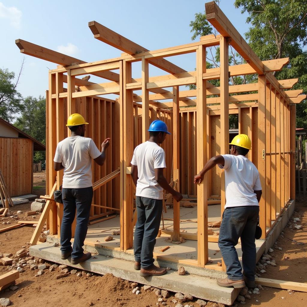 Construction workers using ASEAN 12x12x4 lumber to frame a house in Southeast Asia