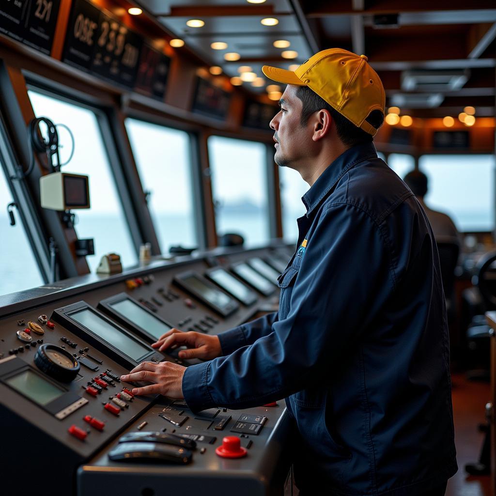 ASEAN Master Engine Machinist operating a ship's engine control room