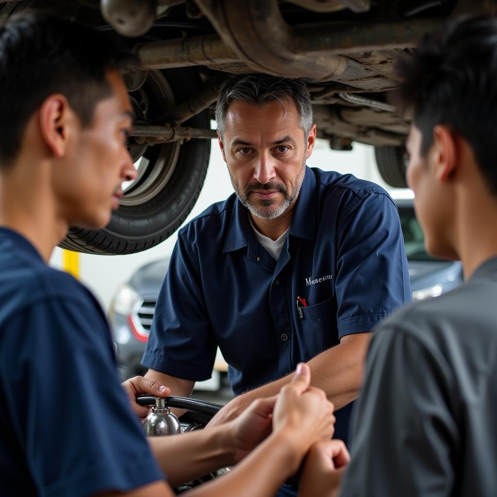 An experienced instructor guides students in an ASEAN mechanic bootcamp