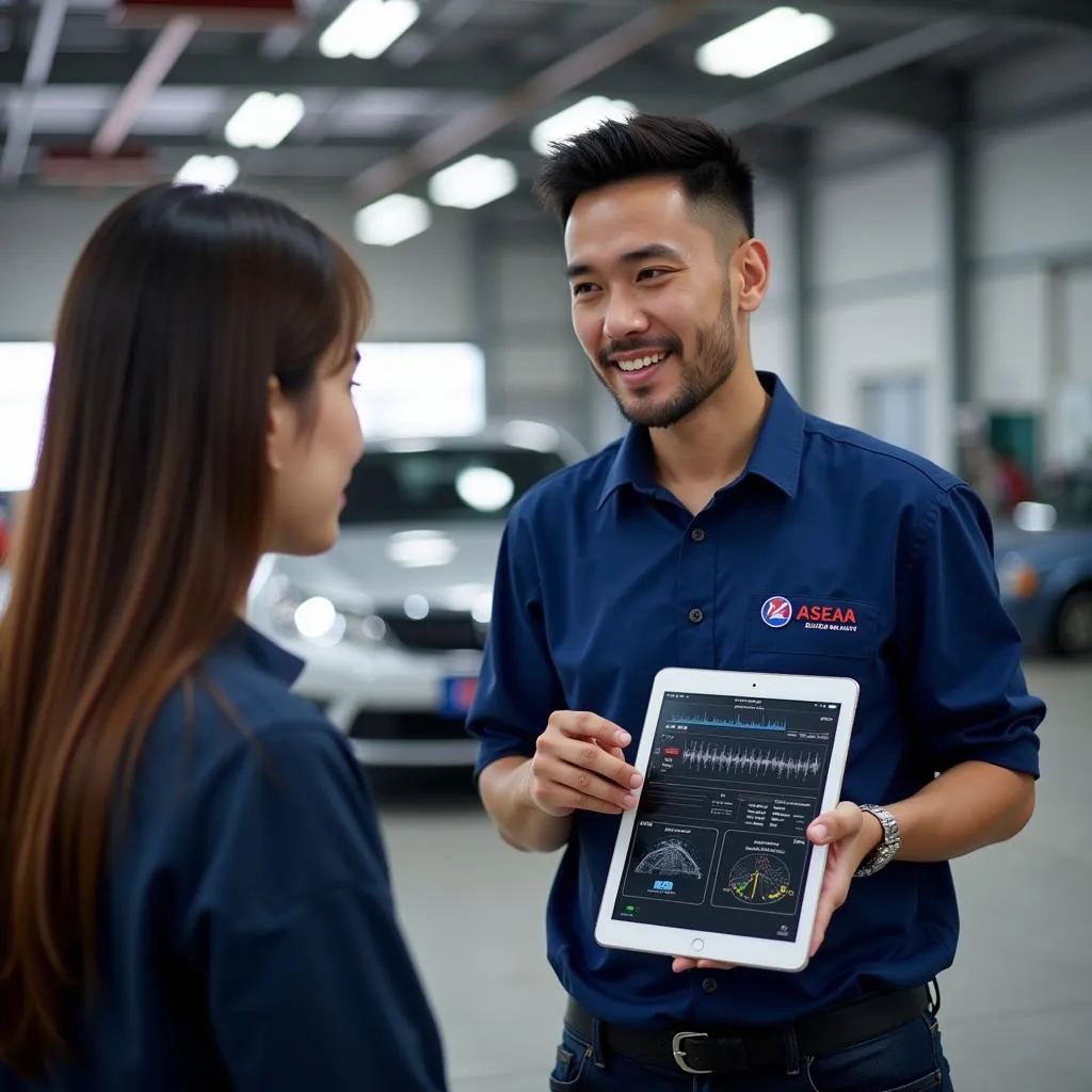 ASEAN mechanic explaining car issue to customer